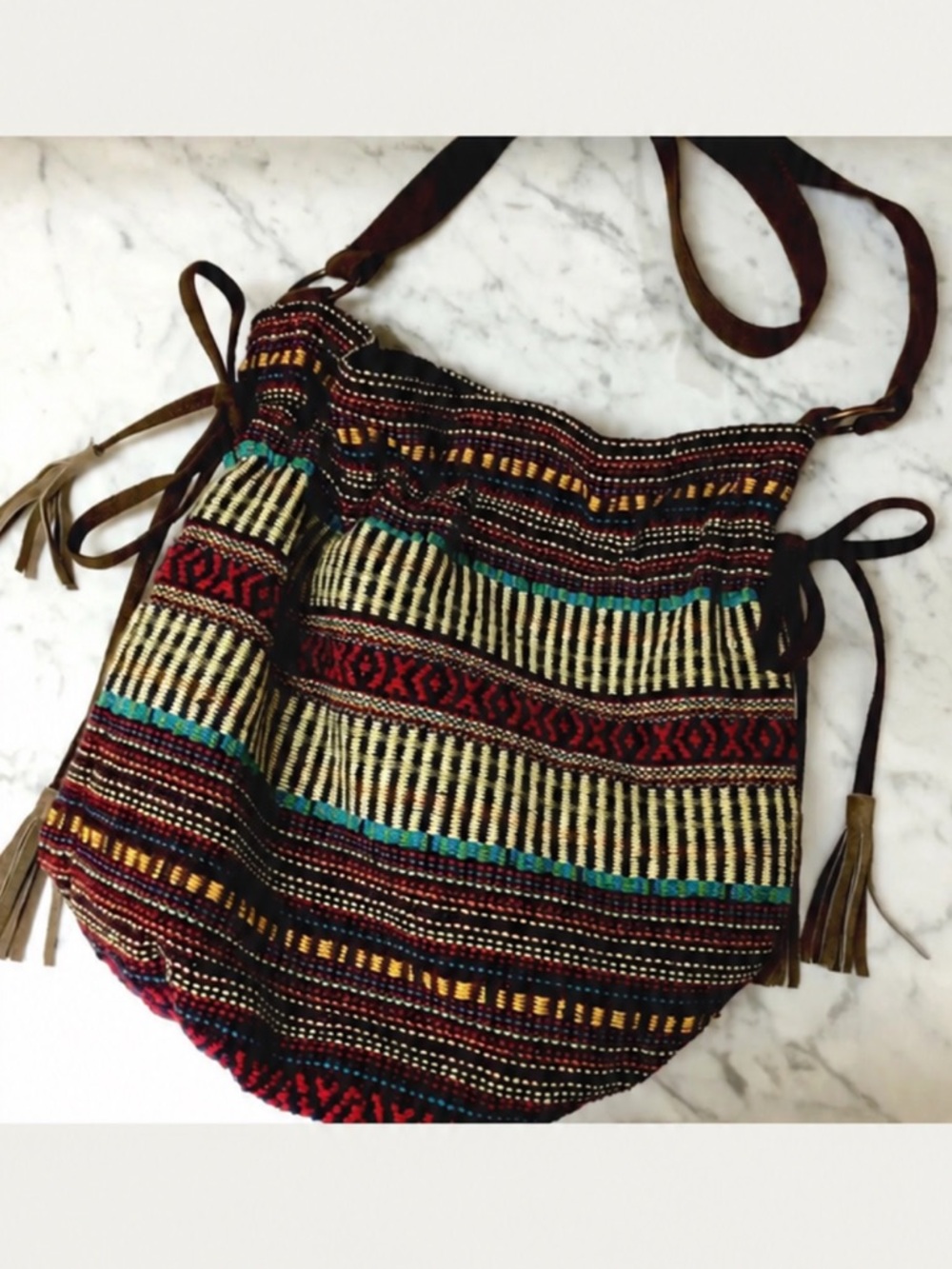World Market Woven Bucket Bag, Distressed Boho Purse, Crochet Crossbody, Hobo